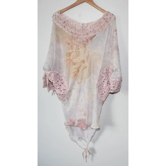 Emamo Silk Floral Sheer Tunic Blouse M Coquette Cottage Romantic Peasant Boho - Picture 3 of 16